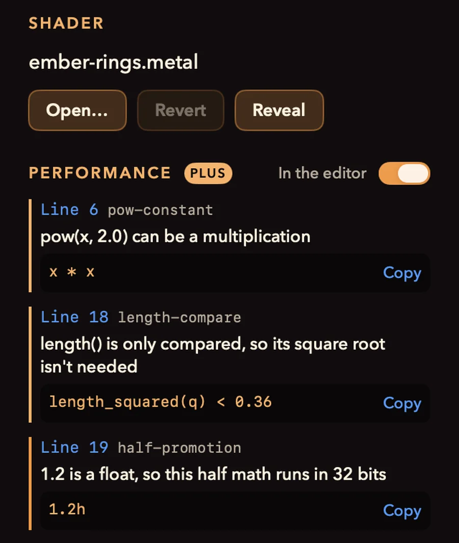 The inspector's Performance section: three hints, each with its line, what it costs and the fix to copy, such as x * x for pow(x, 2.0) and 1.2h for a float literal in half math.